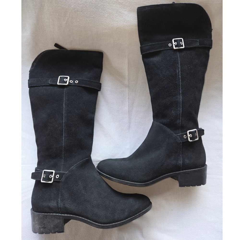 Cole Haan Black Suede Knee-High Buckle Boots